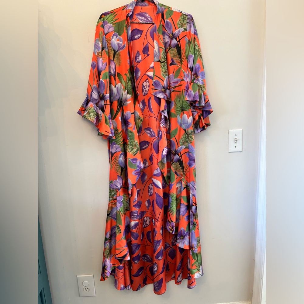 Alice + Olivia Dandi reversible floral palm coral ruffle kimono duster